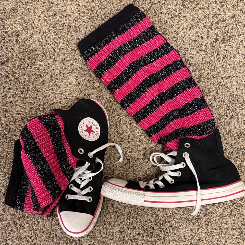 Converse Black and Pink Striped attached Leg Warmers with Sneakers